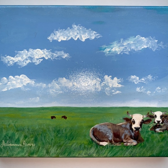Original cows in pasture painting size 8”x10” handmade gloss varnished farm SOLD - Picture 10 of 10